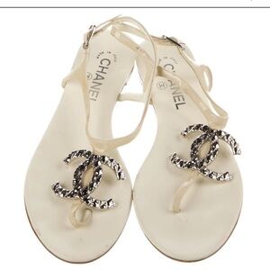 CHANEL Cream Sandals with Silver Details